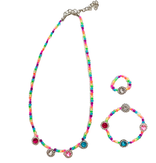 3-Piece Jeweled Jewelry Set In Neon