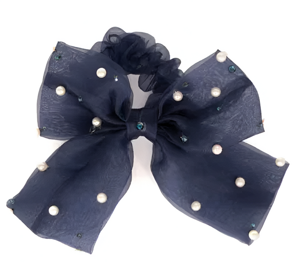 Navy Tulle Pearl Scrunchie