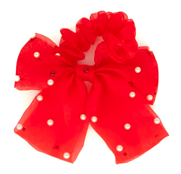 Red Tulle Pearl Scrunchie