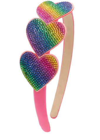 3 Small Rainbow Crystallized Hearts on Thin Satin Fuchsia Headband