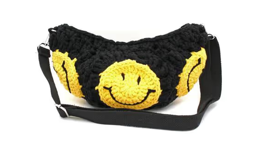 Crochet Sling Bag With Adjustable Strap and Snap Closure in Black
