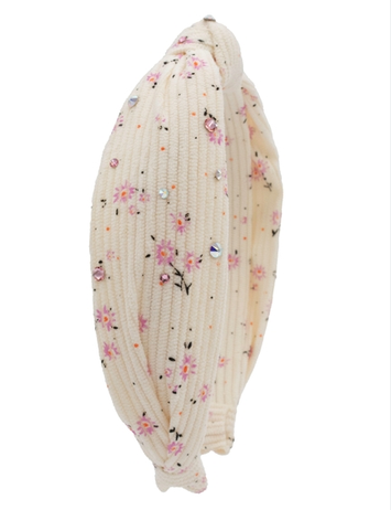 Crystallized Cotton Rib Floral Knot Headband in Ivory
