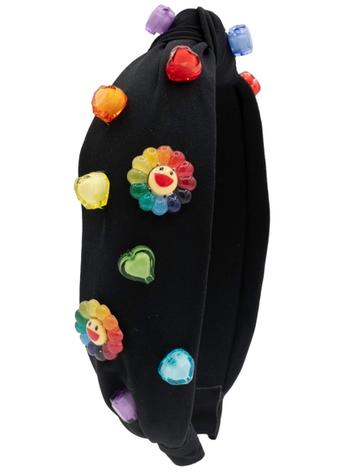 Rainbow Flower Charm Black Cotton Knot Headband