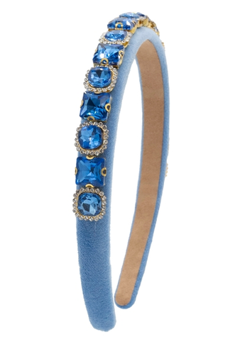 Full Multi Shape Jewel Thin Velvet Headband in Blue