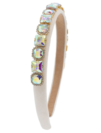 Full Multi Shape Jewel Thin Velvet Headband in White