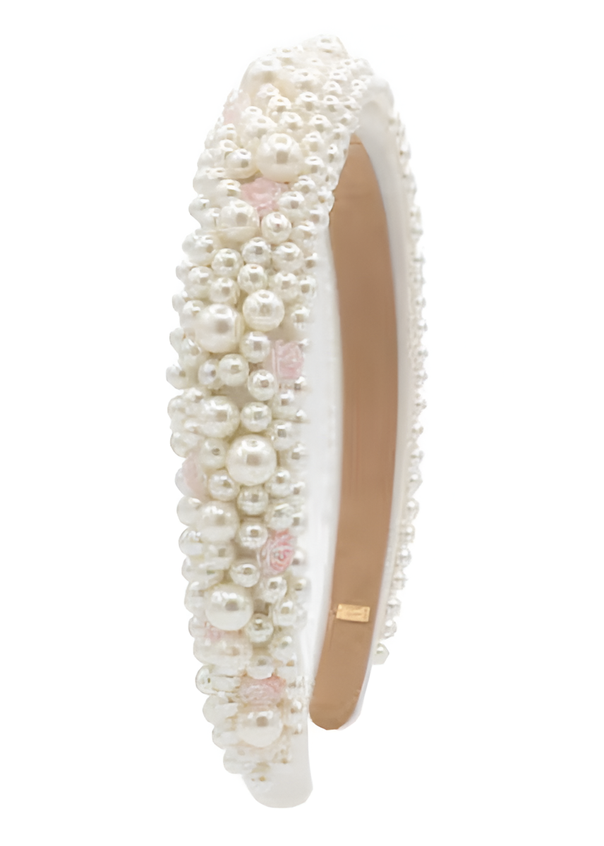 Full Pearl Headband With Light Pink Roses
