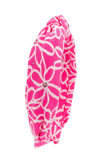 Crystallized Cotton Flower Print Knot Headband in Fuchsia