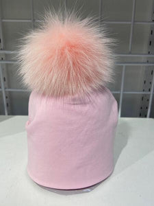 LIGHT PINK FUR PUFF ON LIGHT PINK BABY HAT