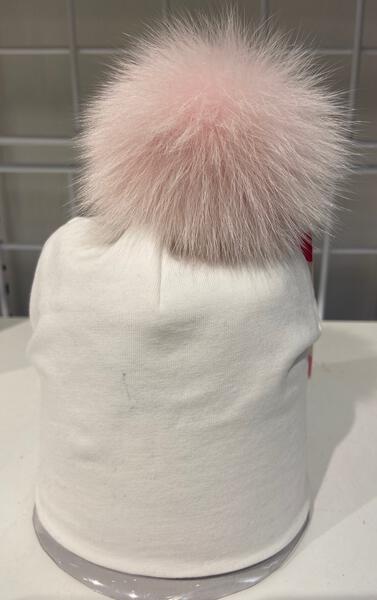 LIGHT PINK FUR PUFF ON WHITE BABY HAT