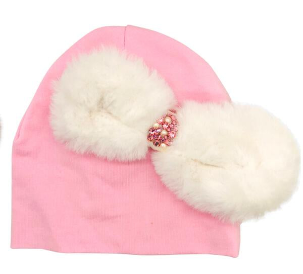 White Fur Bow Baby Hat