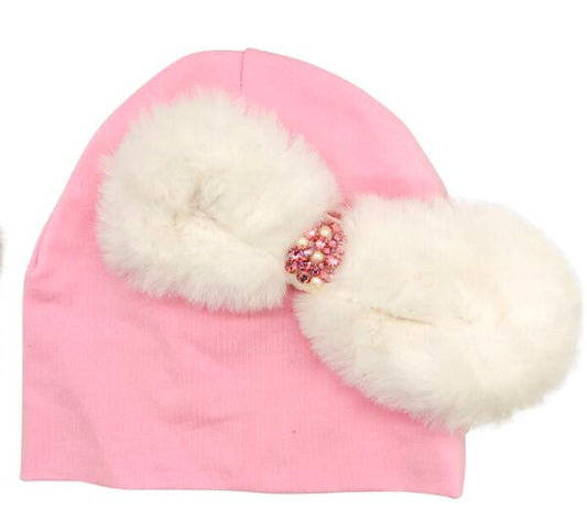 White Fur Bow Baby Hat