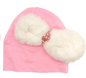 WHITE FUR BOW BABY HAT