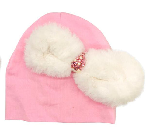 WHITE FUR BOW BABY HAT