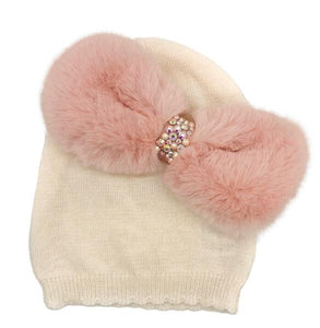 LIGHT PINK FUR BOW BABY HAT