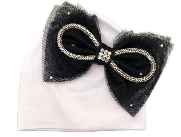 WHITE/BLACK CRYSTAL TULLE BOW BABY HAT