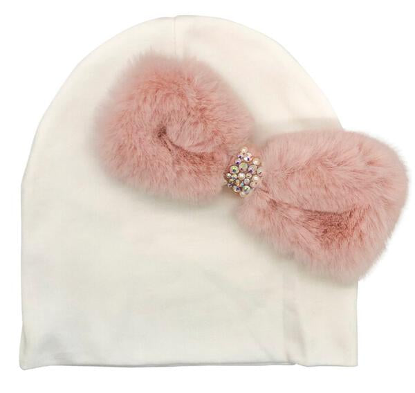 Light Pink Fur Bow Baby Hat