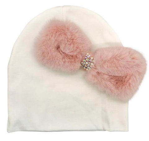 LIGHT PINK FUR BOW BABY HAT