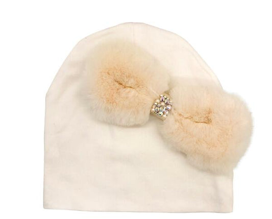 Ivory Fur Bow Baby Hat