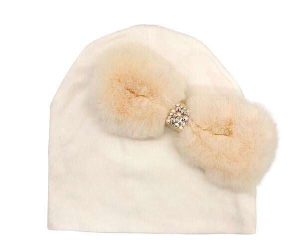 IVORY FUR BOW BABY HAT