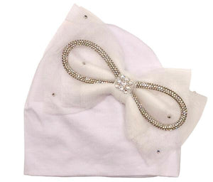 WHITE CRYSTAL TULLE BOW BABY HAT