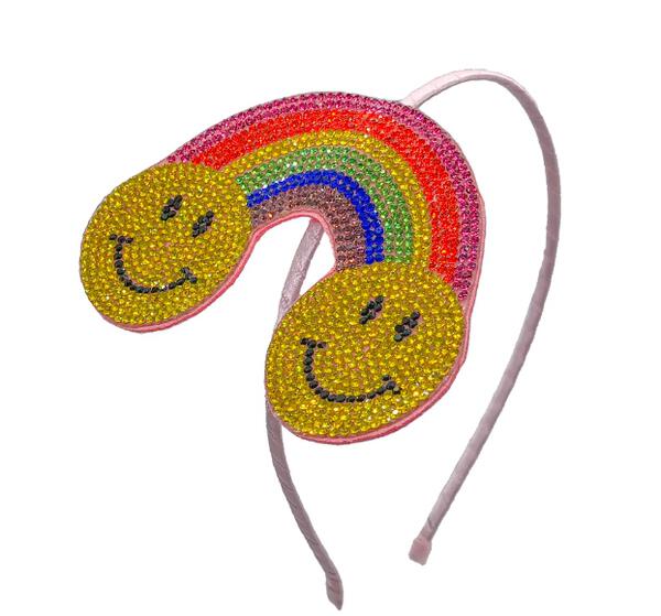 Fully Crystallized Rainbow With 2 Smiley Faces as Clouds on Thin Headband
