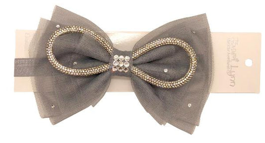 Silver Crystal Tulle Bow Elastic Baby Headband