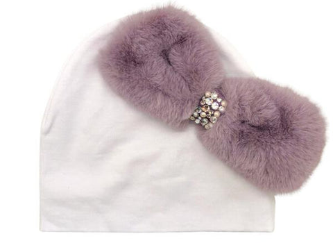 LAVENDER FUR BOW BABY HAT