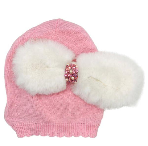 WHITE FUR BOW BABY HAT