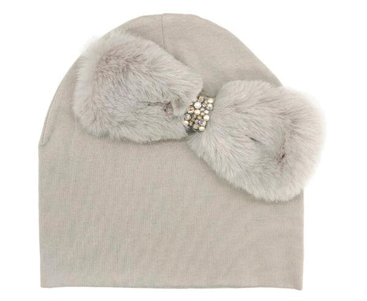 Silver Fur Bow Baby Hat