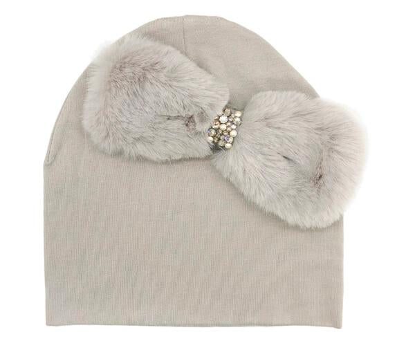 Silver Fur Bow Baby Hat