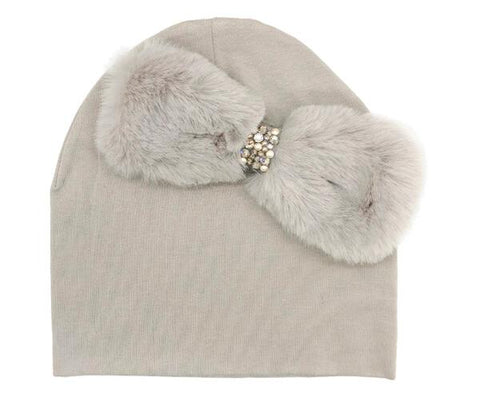 SILVER FUR BOW BABY HAT