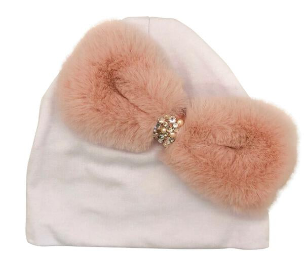 LIGHT PINK FUR BOW BABY HAT