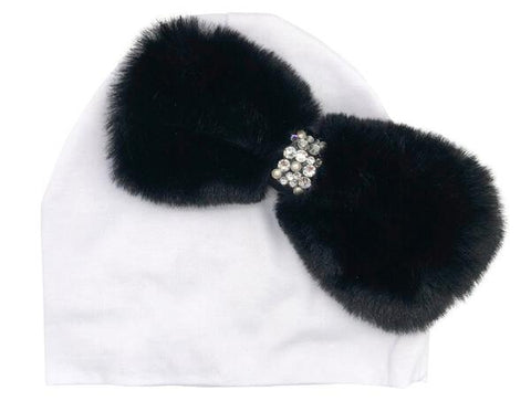 BLACK FUR BOW BABY HAT